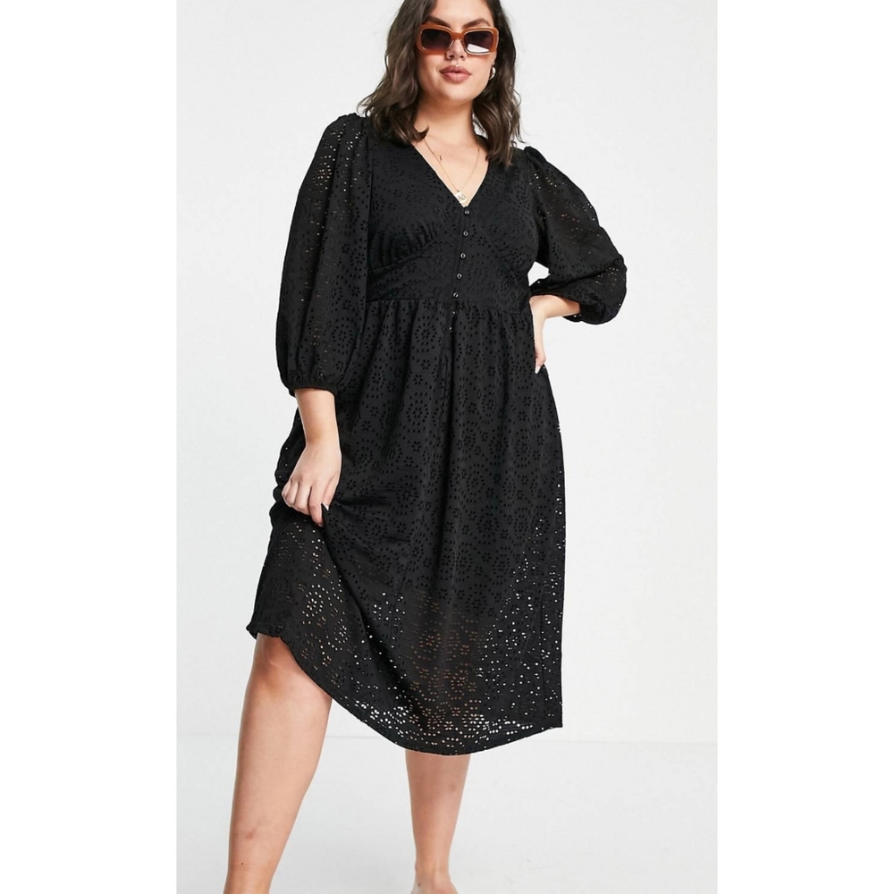 Black Eyelet V-Neck Midi Dress